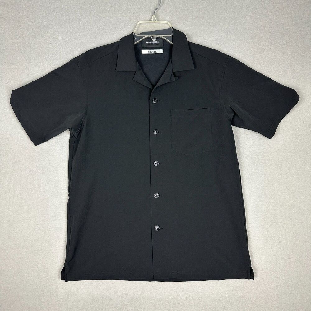 Nano Universe Mens Small Sheltech Short Sleeve Button Up Shirt Black Pocket